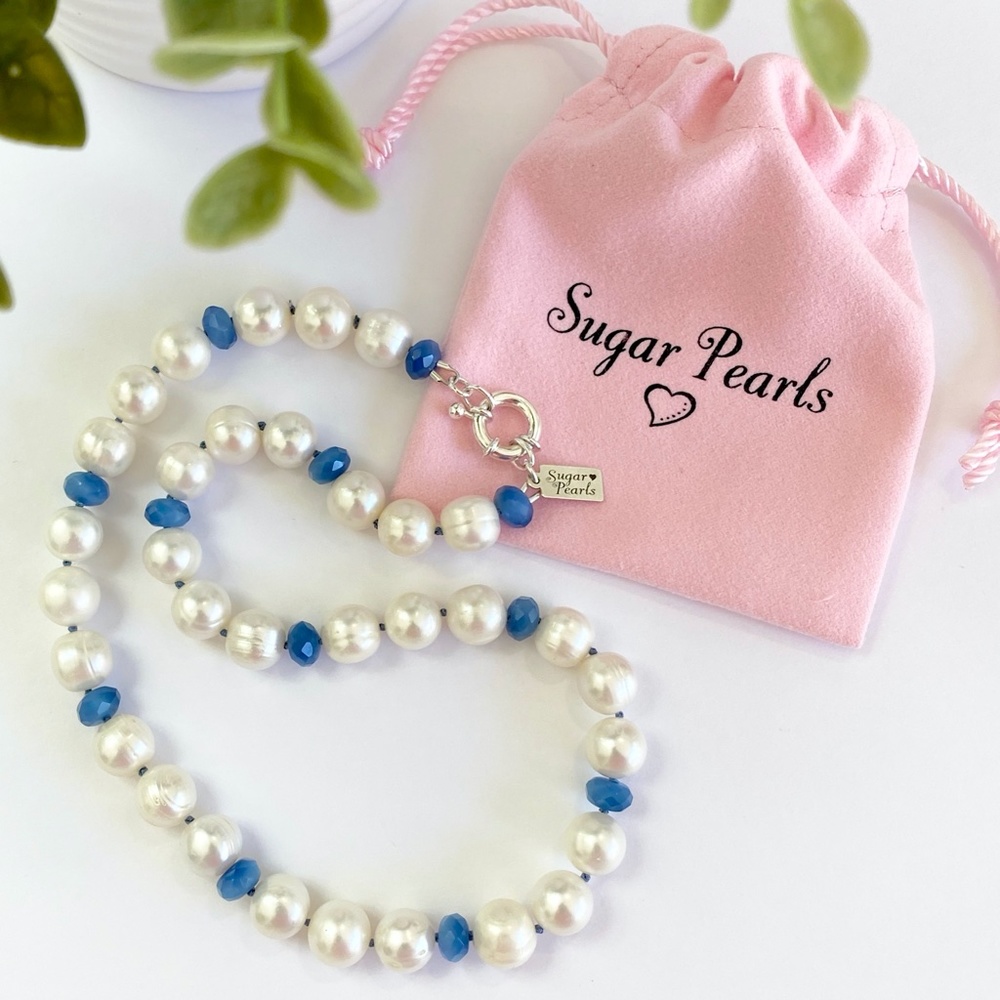 Freshwater Pearl & Blue Agate Necklace/Hand Knotted - Picture 2 of 5